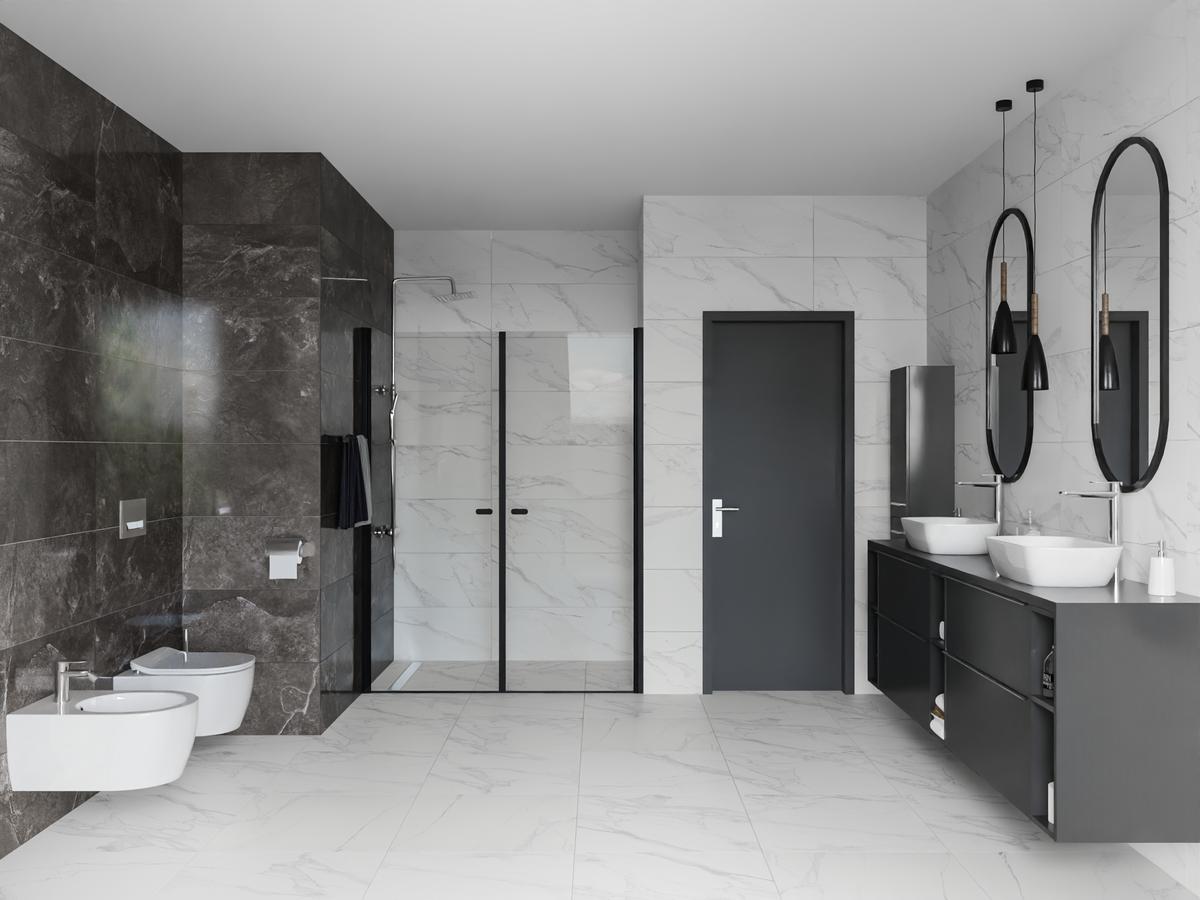  Aranżacja dużej minimalistycznej łazienki dla dwojga z kolekcją płytek Azario Bireno.